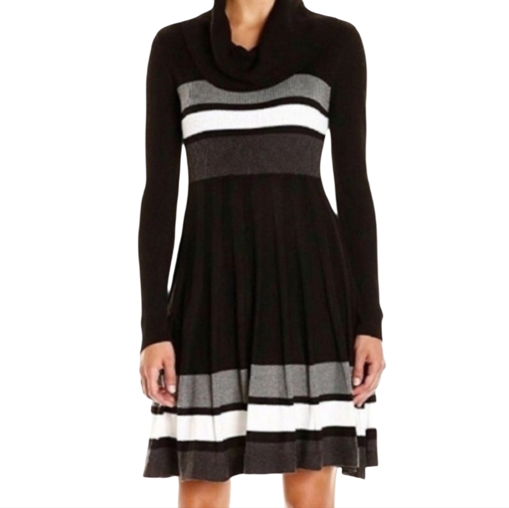 Calvin Klein Black Striped Cowl Neckline Sweater Dress Size Large